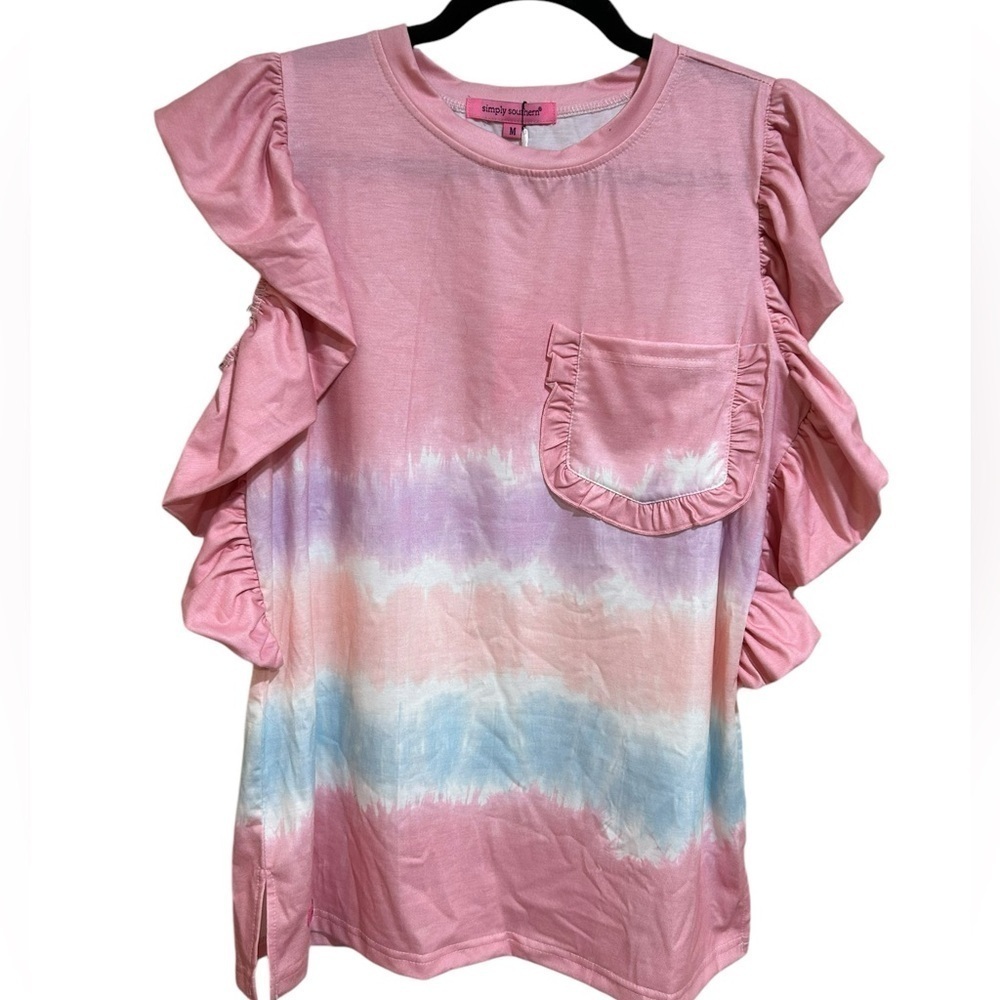 NWT Simply Southern Pink Tie-Dye Ruffle Sleeve Pocket Top Size Medium